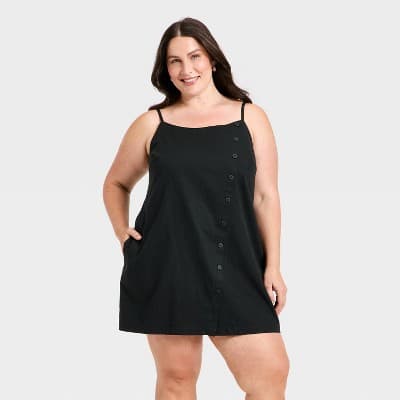 Women's Button-Front Linen Mini Dress - A New Day™ Black 4X
