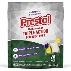 Get 70-Ct Presto! Dishwasher Pacs (Lemon) for $8.55 with Prime