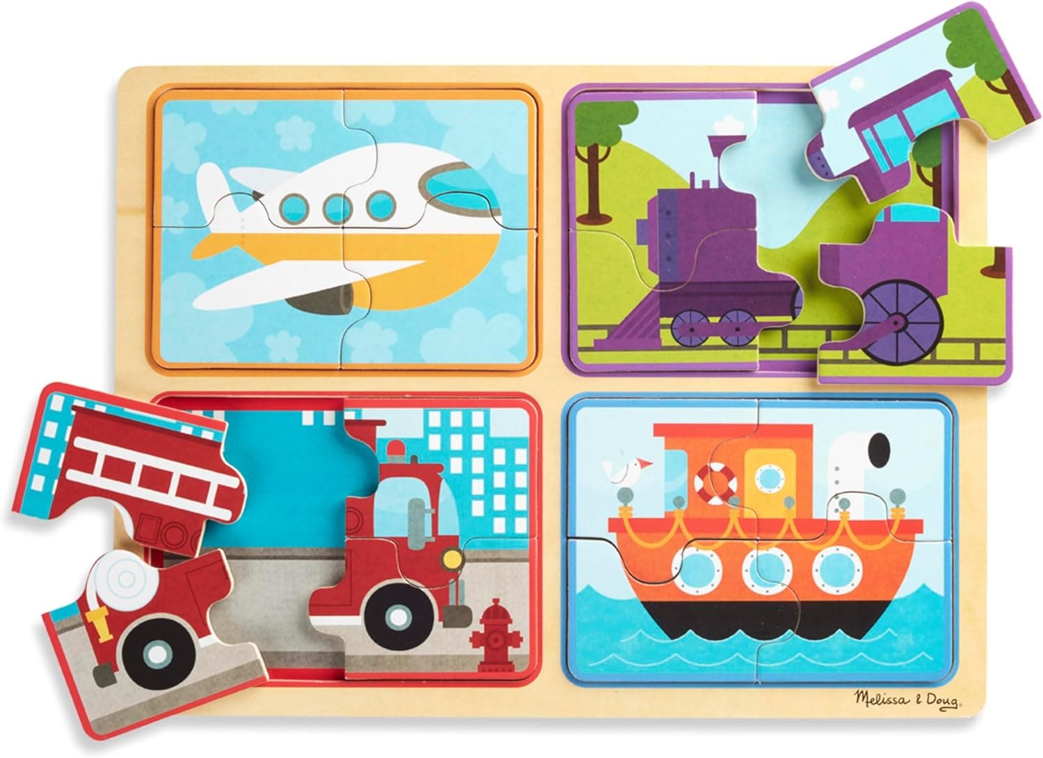 Melissa & Doug Natural Play Wooden Puzzles: 4 Vehicle Puzzles