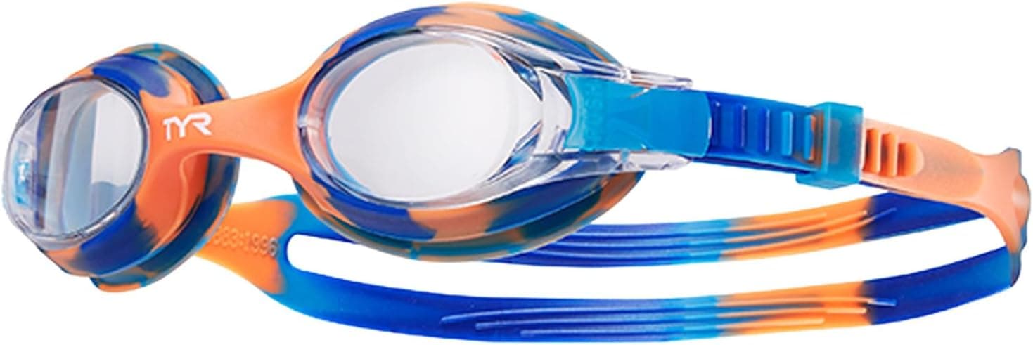 TYR Swimple Tie-Dye Kids' Swim Goggles - Non-Mirrored Swimming Goggles for Competitive Training and Recreation - Anti-Fog, UVA/UVB Protection, Watertight Seal - Clear/Blue/Orange