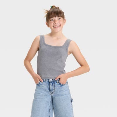 Girls' Square Neck Ribbed Tank Top - art class™ Heather Gray XS