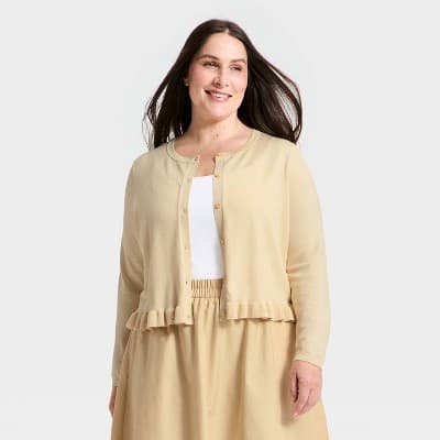 Women's Long Sleeve Button-Up Ruffle Hem Cardigan - A New Day™ Ivory 4X