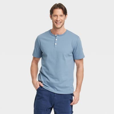 Men's Vintage Short Sleeve Henley Shirt - Goodfellow & Co™ Blue L: Cotton, Midweight, Standard Fit