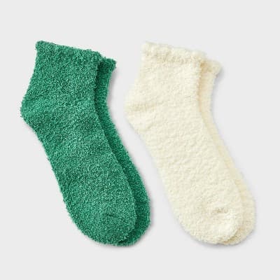 Women's Ruffle 2pk Cozy Ankle Socks - Green/Cream 4-10