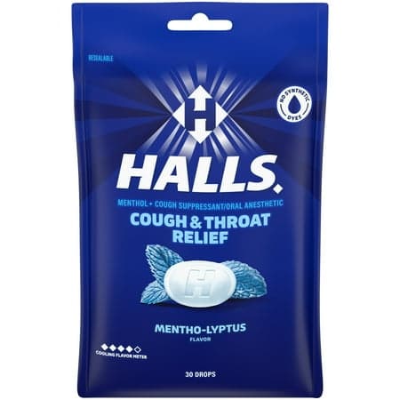 HALLS Cough and Throat Relief Mentho-Lyptus Cough Drops, 30 Drops