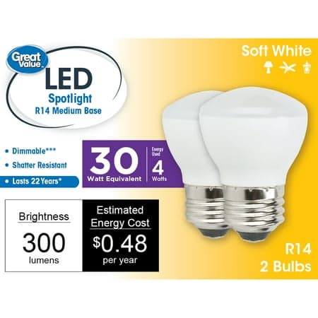 Great Value LED Light Bulb, 4 Watts (30W Equivalent) R14 Floodlight Lamp E26 Medium Base, Dimmable, Soft White, 2-Pack