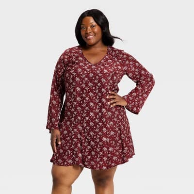 Women's Bell Long Sleeve Godet Mini A-Line Dress - Universal Thread™ Burgundy Floral 2X