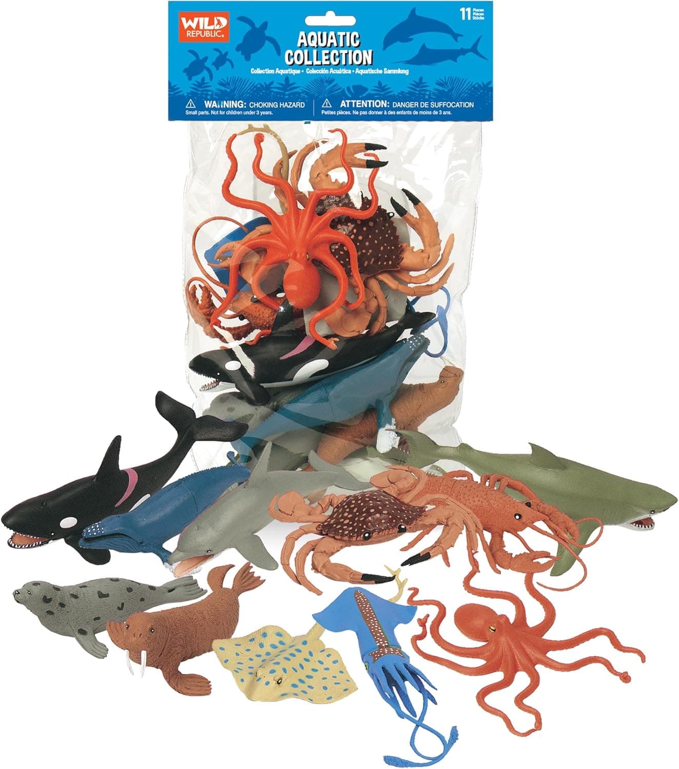Wild Republic Polybag Aquatic, Octopus, Shark, Dolphin, Orca, Crab, Lobster, Blue Whale, Stingray, Squid, Harp Seal, & Walrus Toys 11 Piece Set