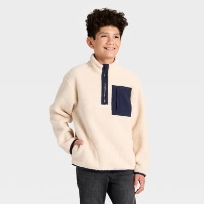 Boys' Faux Shearling Quarter Zip Jacket - Cat & Jack™ Cream S