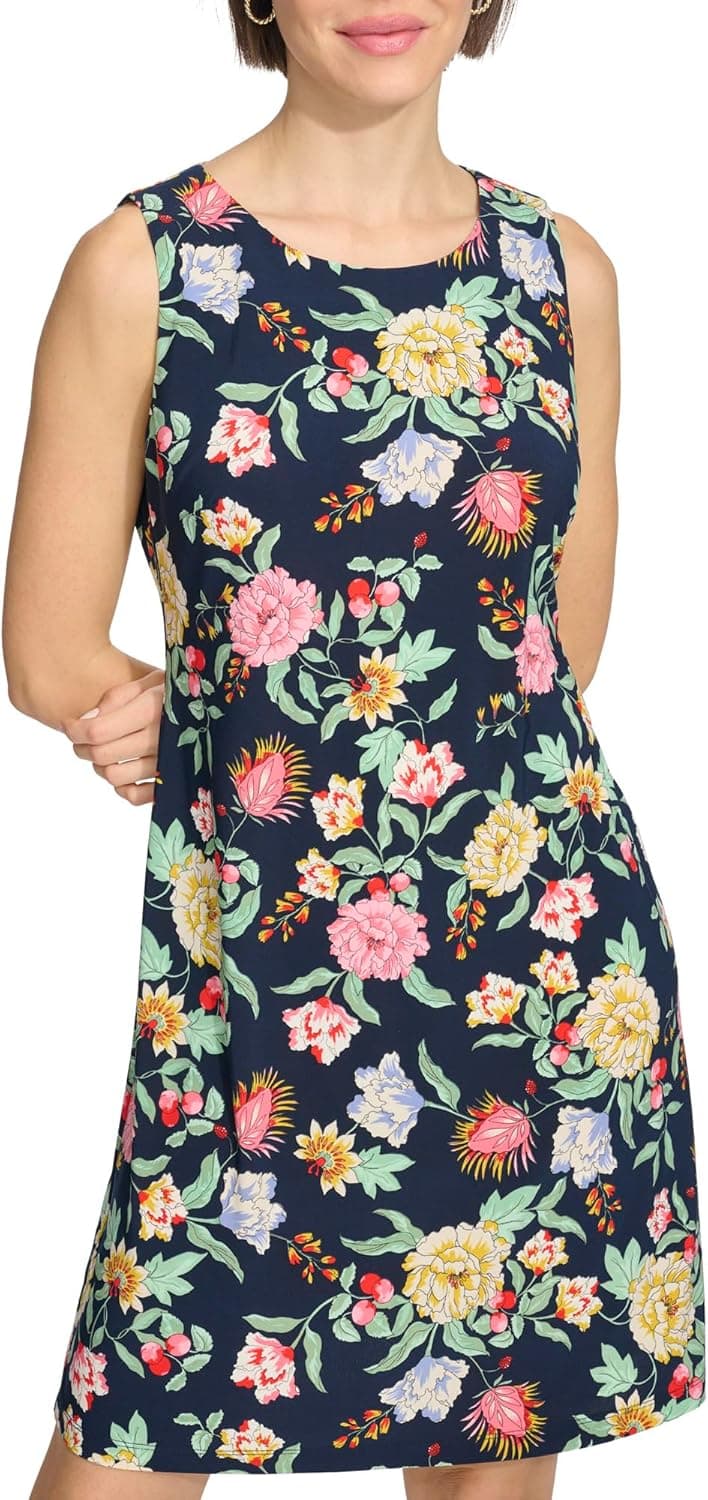 Tommy Hilfiger Women's Sleeveless Crew Neck Floral Print Jersey Shift Dress, Sky Captain Combo, 6