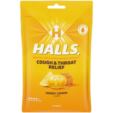 HALLS Cough and Throat Relief Honey Lemon Cough Drops, 30 Drops