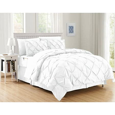 8 Piece Comforter Set Bag Pintuck Design, Bed Sheets, 2 Pillowcases, & 2 Shams Down Alternative All Season Warmth Twin/Twin XL, White