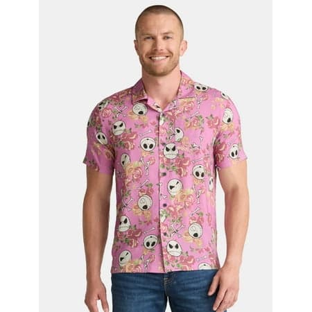 Nightmare Before Christmas Men's and Big Men's Flowers Toss Graphic Button Up Shirt, Sizes S-3XL