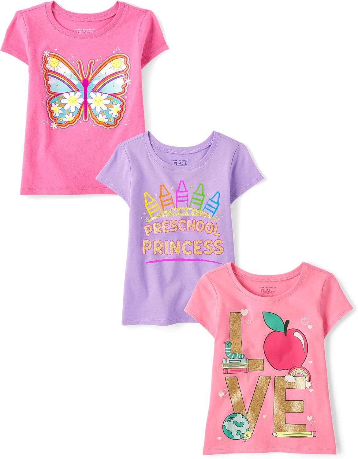 The Children's Place,Baby Girls,and Toddler School Days Short Sleeve Graphic T-Shirts,Multipacks,School Love/Preschool/Butterfly 3-Pack,18 Months,24 Months