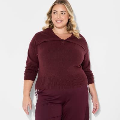 Women's Button-Down Collar Henley Sweater - Wild Fable™ Burgundy 2X