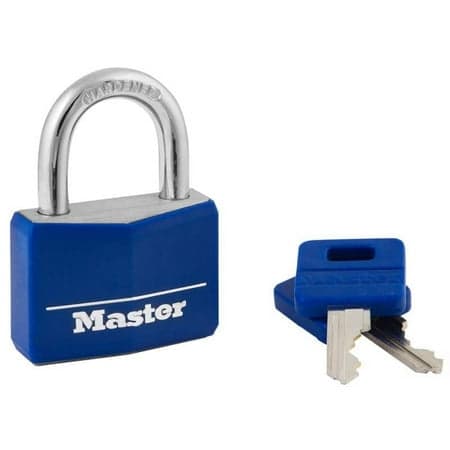 Master Lock Laminated Padlock with Brass Body and Blue Cover, Key Lock Type