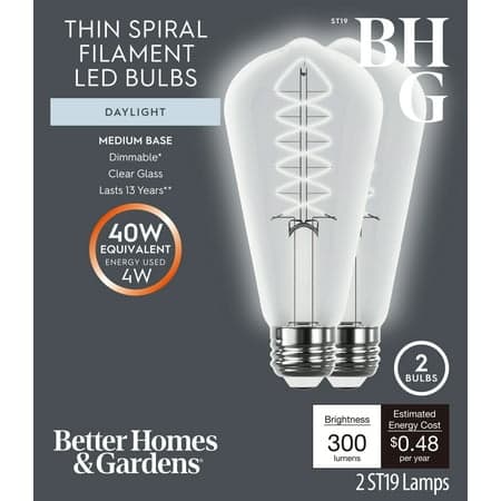 Better Homes & Gardens 4W(40W Equivalent) Daylight Dimmable ST19 Thin Filament Light Bulb E26 Base 2 Pack