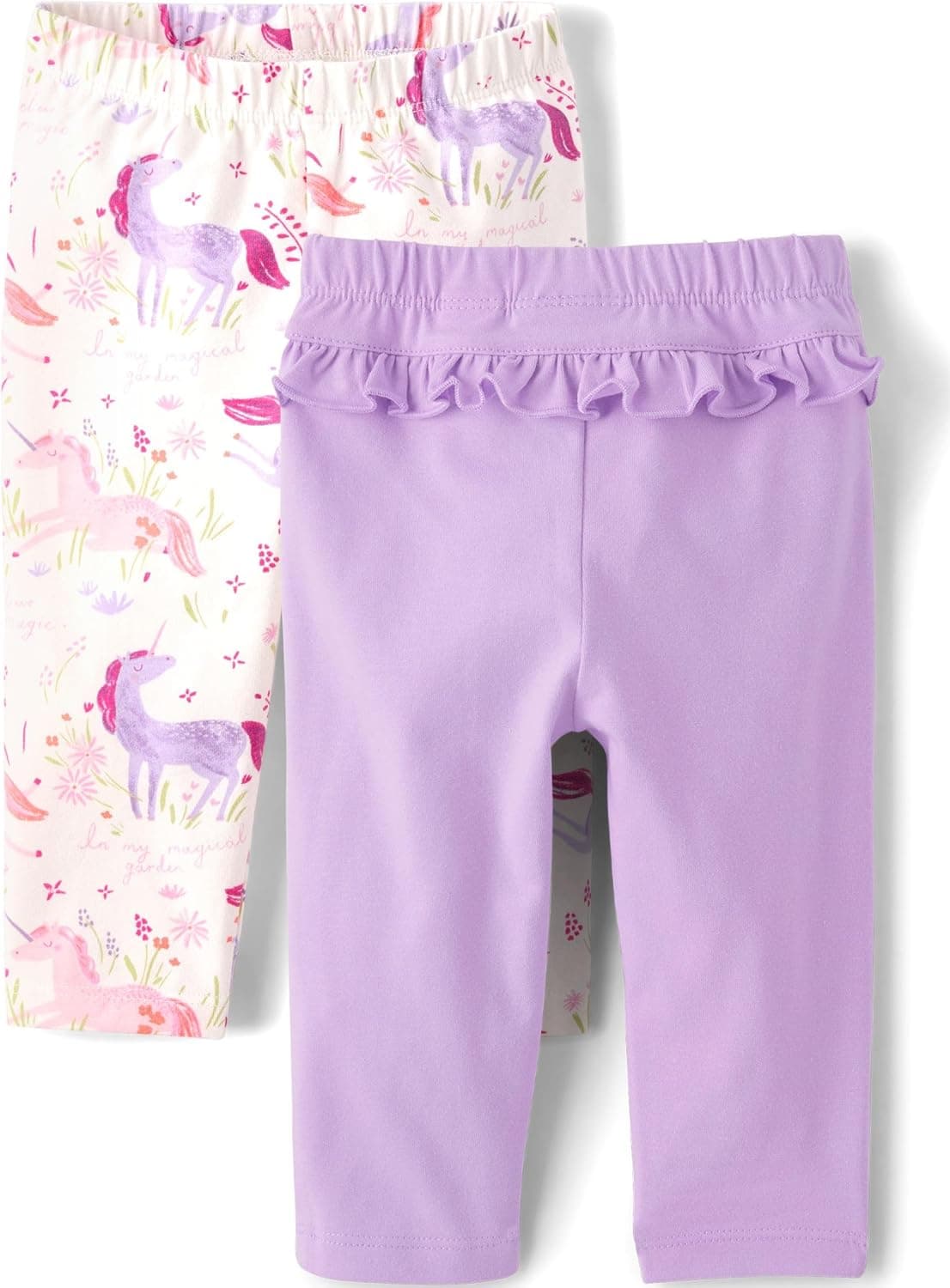 The Children's Place,Baby Girls,and Newborn Pull on Pants,Unicorns/Purple Ruffle 2-Pack,9 Months,12 Months