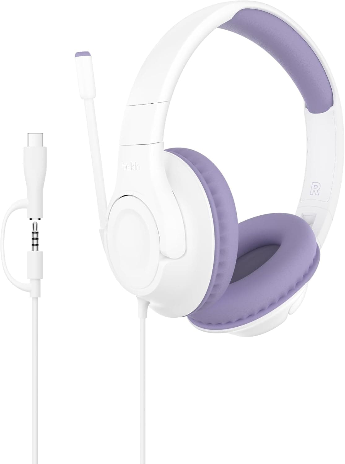 Belkin SoundForm Inspire Wired Over-Ear Headset for Kids, Online Learning & Travel w/Built-in Boom Mic, 85dB Safe Volume Limit - USB-C & 3.5mm - Compatible w/iPhone, iPad, Galaxy & More - Lavender