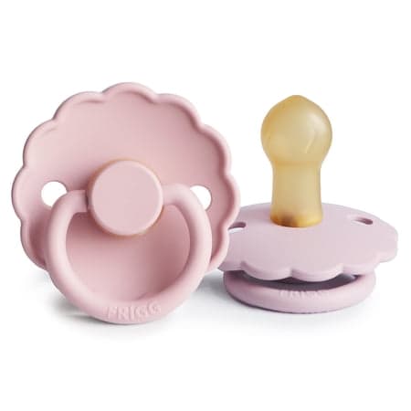 FRIGG Daisy Natural Rubber Pacifier 2-Pack, 0-6 Months, Baby Pink/Soft Lilac