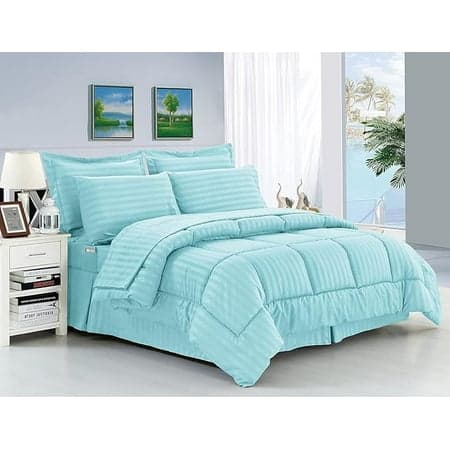 Elegant Comfort Wrinkle Resistant - Silky Soft Dobby Stripe Bed-in-a-Bag 8-Piece Comforter Set, Full/Queen, Light Blue