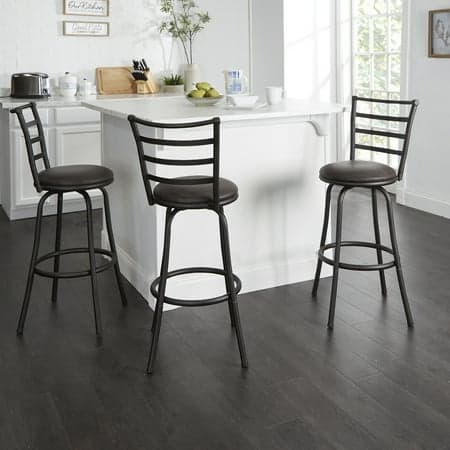 Mainstays 3 Pack Indoor Adjustable 24" or 29" Bronze Ladder Back Swivel Barstool, Espresso Vegan Leather Seat