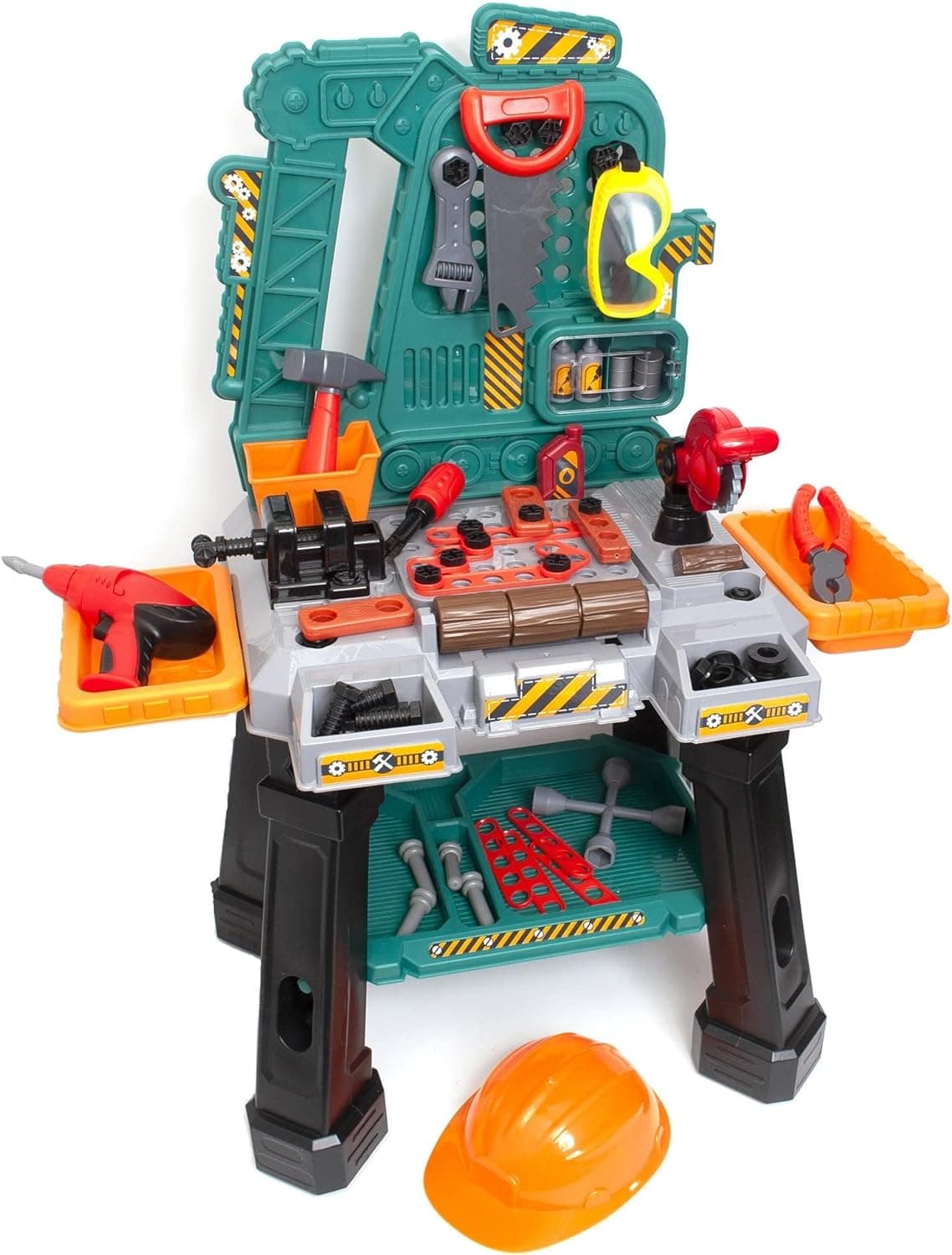 Amazon Basics Kids Workbench Construction Toy, Pretend Play Tool Set with 80 Pieces, Educational Interactive Playset, Play Helmet & Safety Goggles, for Ages 3 and Up, Multicolor, Medium