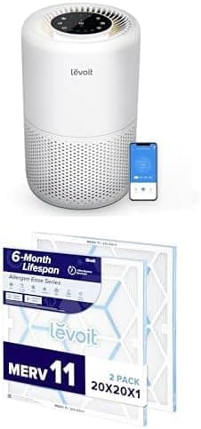 LEVOIT Air Purifier for Home Bedroom, Core 200S-P, White + LEVOIT 20x20x1 Air Filter, MERV 11, 6-Month Pleated 1-Inch Electrostatic AC Furnace Air Cleaning Filter, 2 Pack