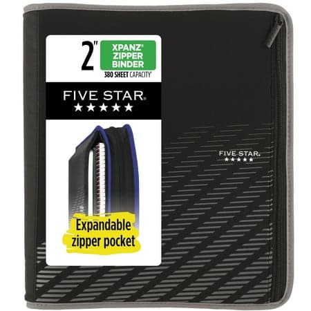 Five Star Xpanz Zipper Binder, 2" Round Rings, 380 Sheets, Gray (28090HX9)