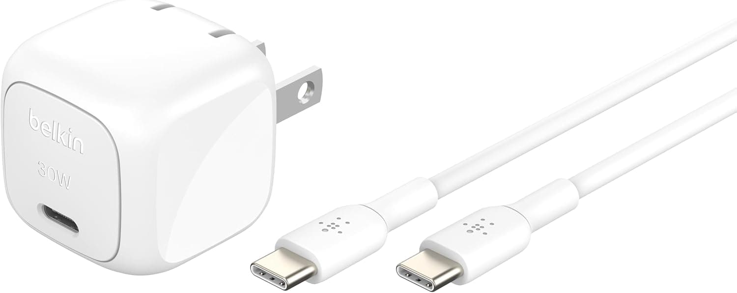 Belkin Compact Charger Block 30W - 1M USB-C to C Cable Included, USB-C PD Super Fast Charging - Samsung Galaxy S25, Apple iPhone 17, Air, Pro, iPad, Nintendo Switch 2, Google Pixel 10, etc. - White