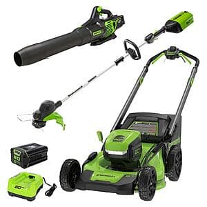 Powerful Greenworks Lawn Care Kit: Mower, Trimmer, Blower & Battery