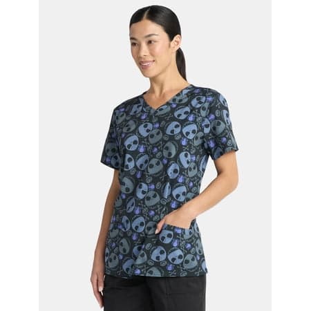 Nightmare Before Christmas Women's Holiday Scrub Top with Short Sleeves, Sizes S-3XL