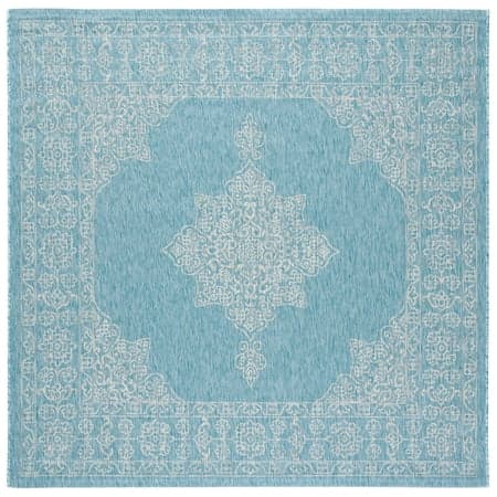 SAFAVIEH Courtyard Delbet Distressed Medallion Indoor/Outdoor Area Rug, 6'7" x 6'7" Square, Aqua/Grey