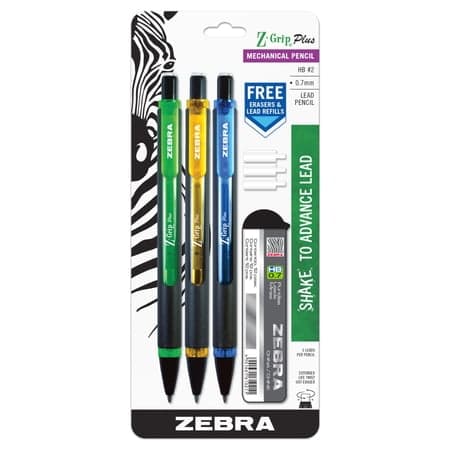 Zebra Pen Z-Grip Plus Mechanical Pencil, 0.7mm, Green/Yellow/Blue, 1 Count (Pack of 3)