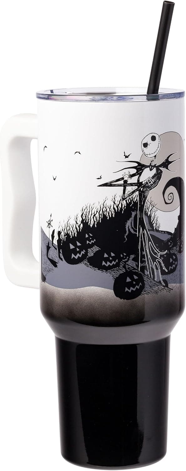 Silver Buffalo Disney Nightmare Before Christmas by Tim Burton Jack Skellington Hill and Moon Double Walled Stainless Steel Tumbler with Handle and Straw, Fits in Standard Cup Holder, 40 Ounces