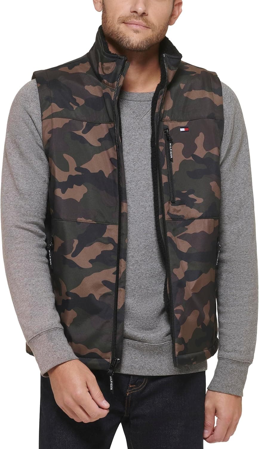 Cozy Camo Vest: Tommy Hilfiger Sherpa-Lined Outerwear