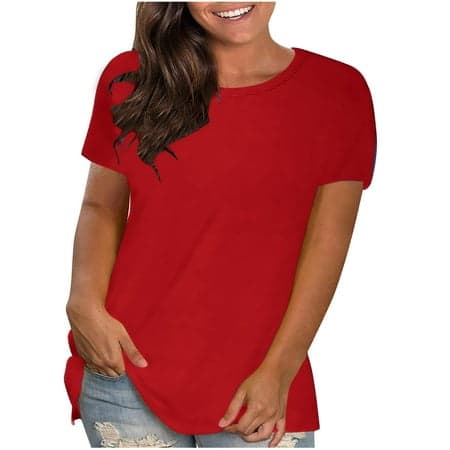 ATOYSOY Women's Solid Color Tees Short Sleeve T Shirts Round Neck Pullover Causal Workout Comfy Regular Fit Trendy Retro Loose Basic Tops for Girls Red XL