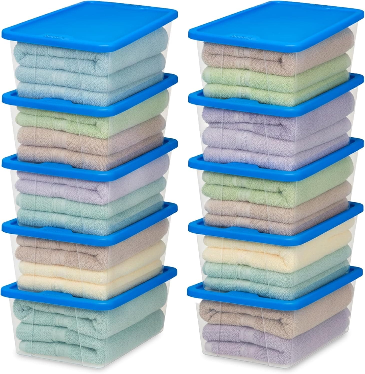 HOMZ 10-Pack Snaplock, Small Clear Plastic Storage Organizer Bins w/Lids, 6 Quart, Blue - Stackable Container Boxes for Bedroom, Bathroom, Garage, and Office Organization