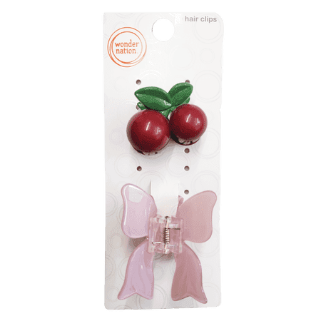 Wonder Nation Girls Cherry and Bow Claw Clips, 2-Piece, Red/Pink