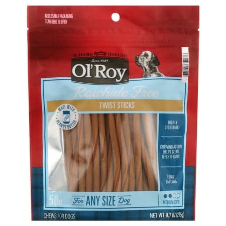Ol' Roy Rawhide Free Peanut Butter Twist Sticks for Dogs, 9.7 oz. Bag, 50 Treats