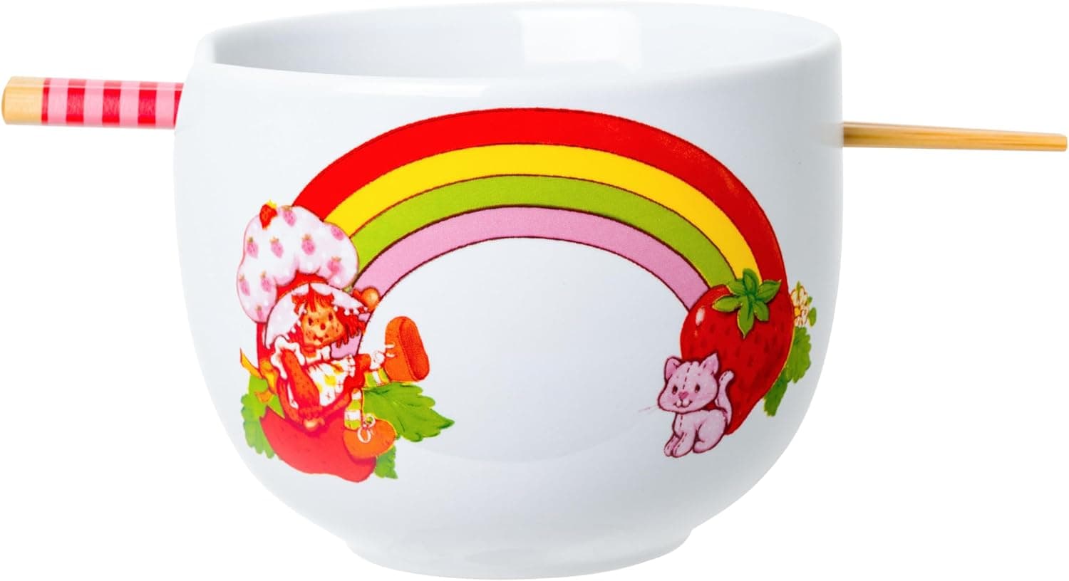 Silver Buffalo Strawberry Shortcake Vintage Rainbow Featuring Custard Ceramic Ramen Noodle Rice Bowl with Chopsticks, Microwave Safe, 20 Ounces