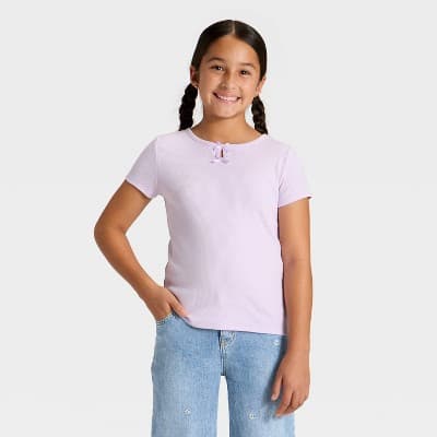 Girls' Short Sleeve Ribbed Bow Front T-Shirt - Cat & Jack™ Pale Lavender XS