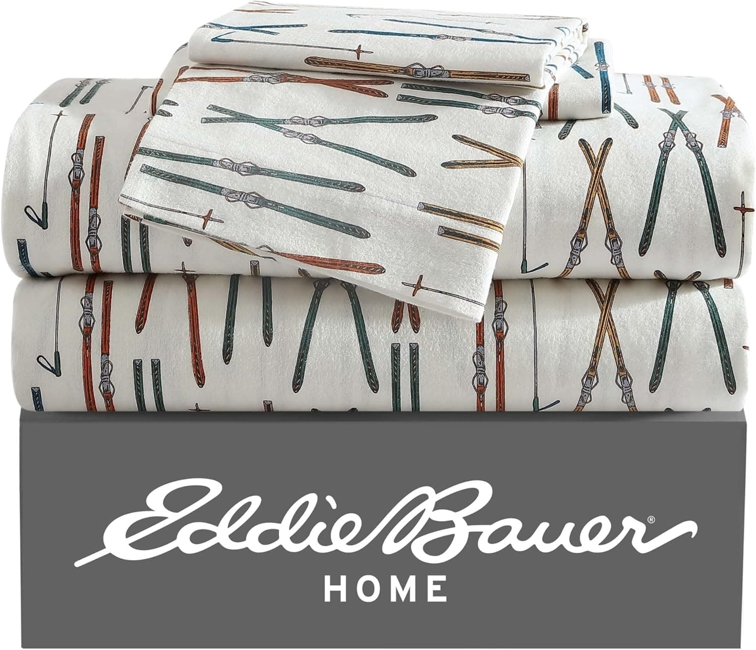 Eddie Bauer - Flannel Sheets Twin Size, Anti-Pilling & Wrinkle Resistant Cotton, Touchably Soft for All-Season Comfort - Bed Sheets with Matching Pillowcase & Fitted Sheet (Ski Line White)