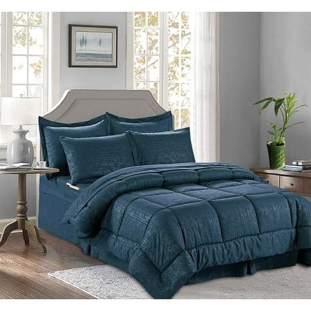 8-Piece Bed-In-A-Bag Bamboo Pattern Comforter Microfiber Full Queen Navy