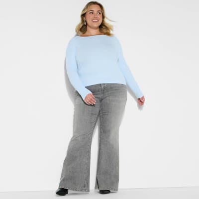 Women's Slim Fit Long Sleeve Round Neck T-Shirt - Wild Fable™ Light Blue 2X