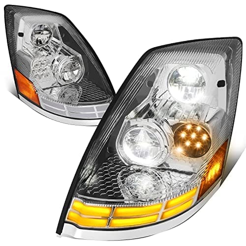 DNA MOTORING HL-HAY-038-CH Pair of Reflector High/Low White Amber LED Switchback Headlights Compatible with 03-17 Volvo VN VNL VNM VNX Model Trucks,Chrome Housing