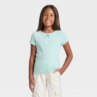 Girls' Short Sleeve Ribbed Bow Front T-Shirt - Cat & Jack™ Mint Green XS