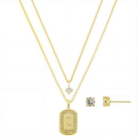 Believe by Brilliance Women's 14Kt Gold Flash Plated Cubic Zirconia Double Layer Tag "Z" Necklace and Earring Set