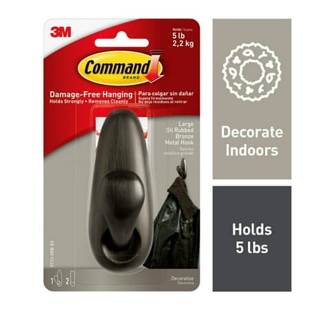 Command Forever Classic Metal Hook, Oil Rubbed Bronze, Large, Damage Free Decorating, 1 Hook, 2 Adhesive Strips