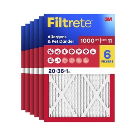 Filtrete 20x36x1 HVAC Furnace Air Filter, MPR 1000 MERV 11, Allergens & Pet Dander, 6 Pack